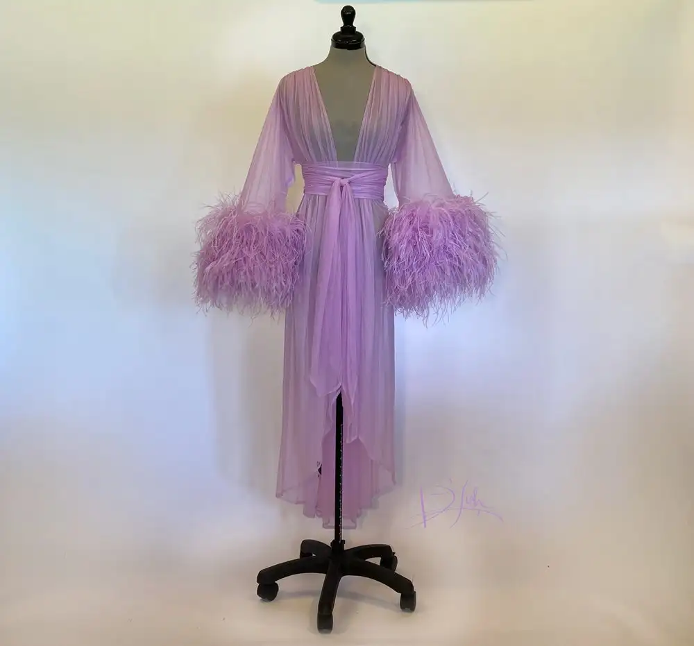 

Light Purple Ostrich Cuff Boudoir Gown Long Sleeve Wedding Sleepwear Bathrobes Nightgowns Robes Bridal Boudoir Dress Kimono