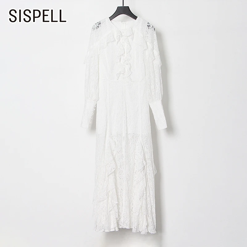 

SISPELL Patchwork Lace Dresses For Female O Neck Puff Long Sleeve High Waist Slimming Women's Elegant Dress Fashion New 2021