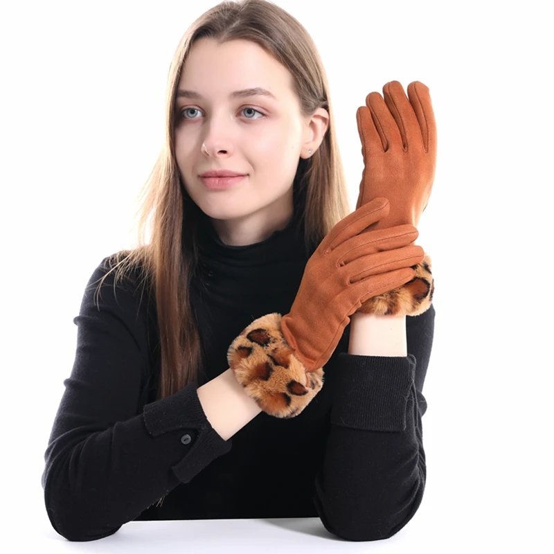2019 Winter Gloves Women Leopard Rabbit hair suede leather Mittens Warm Soft Female Touch Screen | Аксессуары для одежды