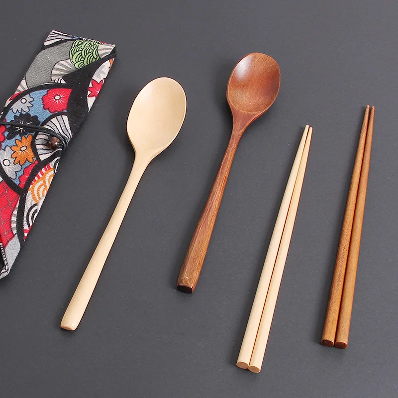 

Korean Style Wooden Tableware Spoon Chopsticks Set Portable Travel Dinnerware With Printing Tableware bag Kitchen Supplie