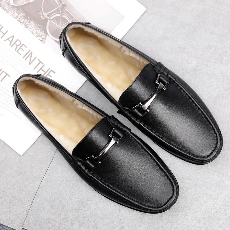 Мужские кожаные туфли зимняя теплая шерстяная обувь для вождения на плоской