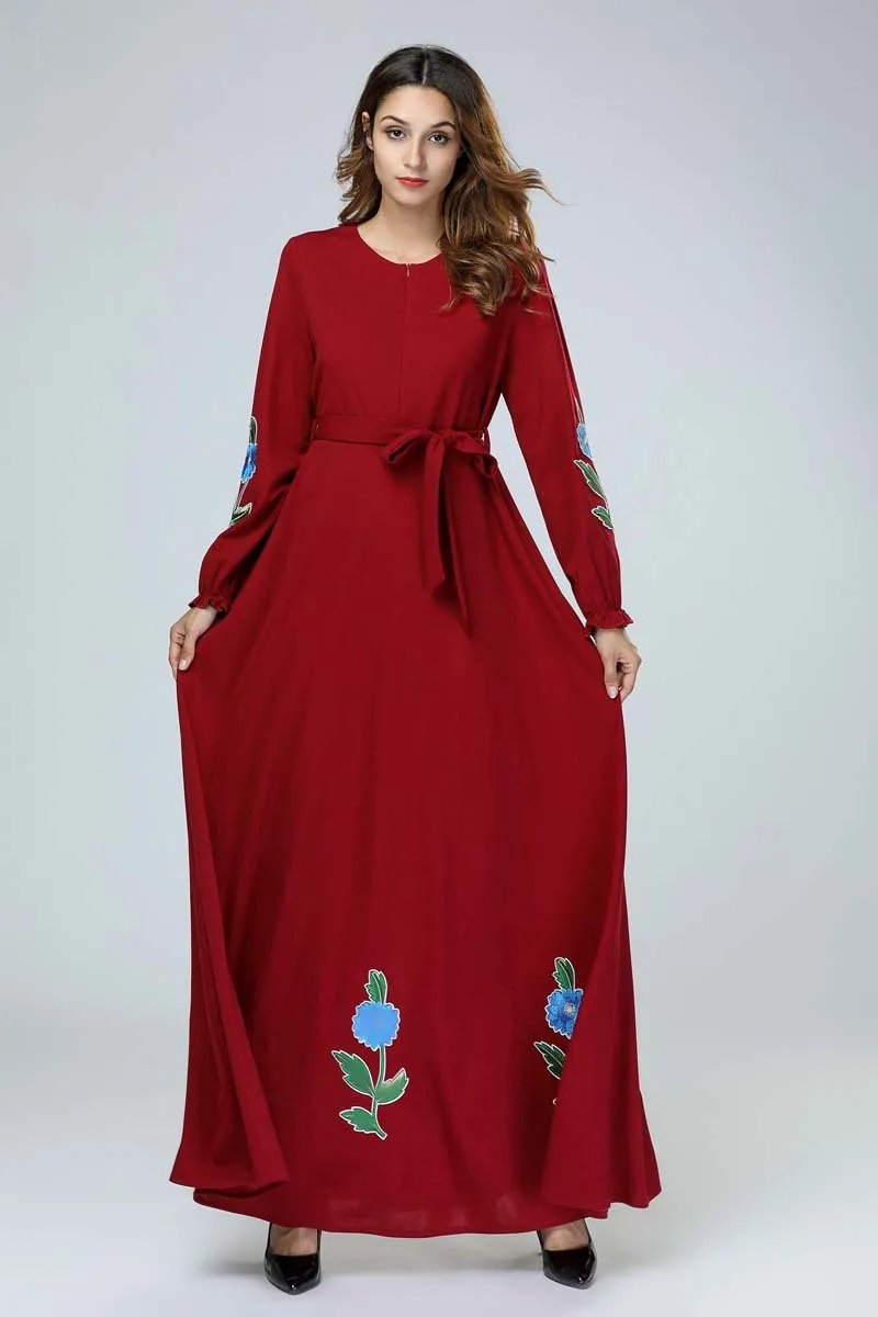 Длинная мусульманская юбка Abaya Турецкая Свободная с вышивкой и длинными рукавами