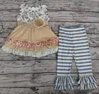 Оптовая продажа, модная детская летняя одежда, цветочный топ для маленьких девочек, полосатые брюки с оборками, комплект для младенцев, бутик одежды для детей ясельного возраста