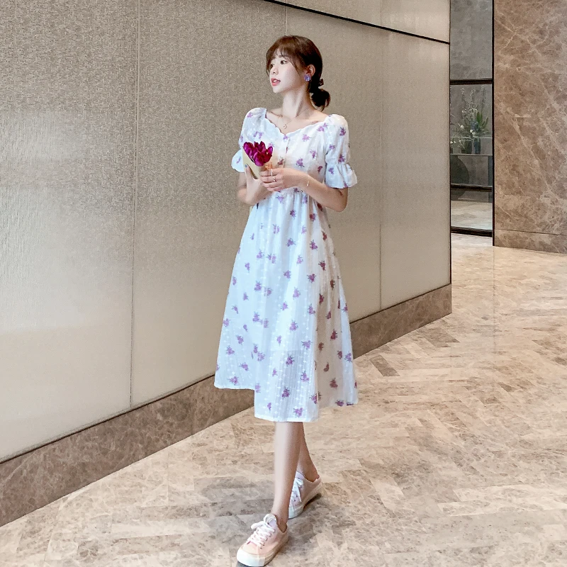 

COIGARSAM Floral Print Women dress New Flare Sleeve Dresses White 9096