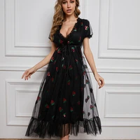 sexy v neck belt strawberry dresses embroidery puff sleeve party mid length dress plus size net yarn summer new womens clothing