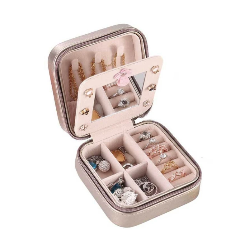 

Protable Leather Jewelry Box Organizer Display Necklace Zipper Storage Case Gift
