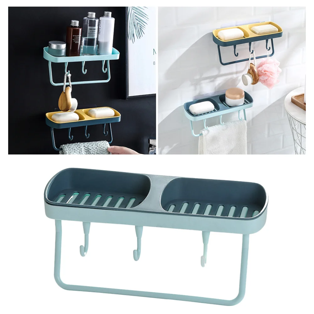 

Creative Double Siamese Wall Mounted Soap Box Punch Free Drain Soap Rack Soap Holder with Hook for Home Bathroom (Grey)
