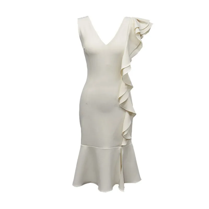 Женское облегающее платье с V-образным вырезом белое элегантное вечернее без