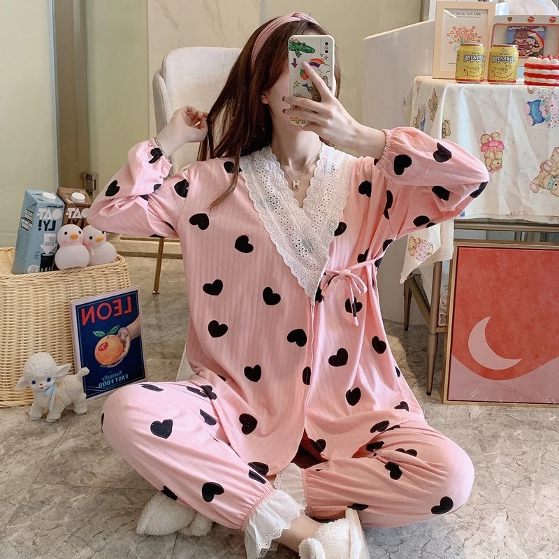 

Women Fashion Cute Sweet Lace Stitching V-Neck Long-Sleeved Trousers Pajamas Set 2/pce Set