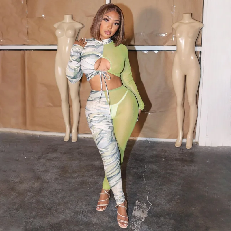 

Sheer Mesh Patchwork Two Piece Set Woman Long Sleeve Hollow Out Crop Top And Pencil Pants 2021 Spring Female Clothing