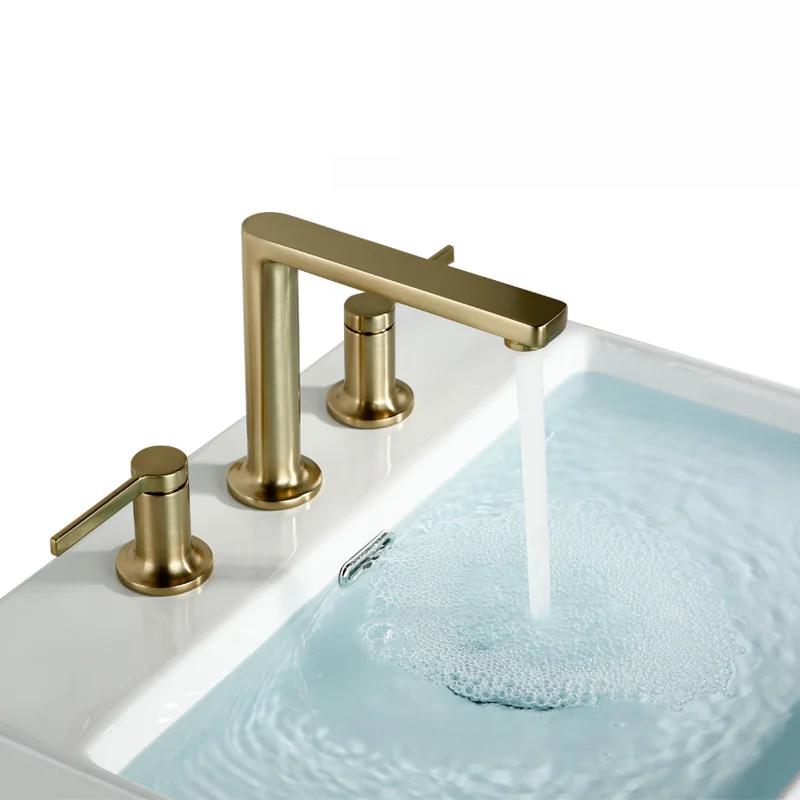 

Golden copper basin faucet bathroom double handle all three holes fission basin basin brushed gold