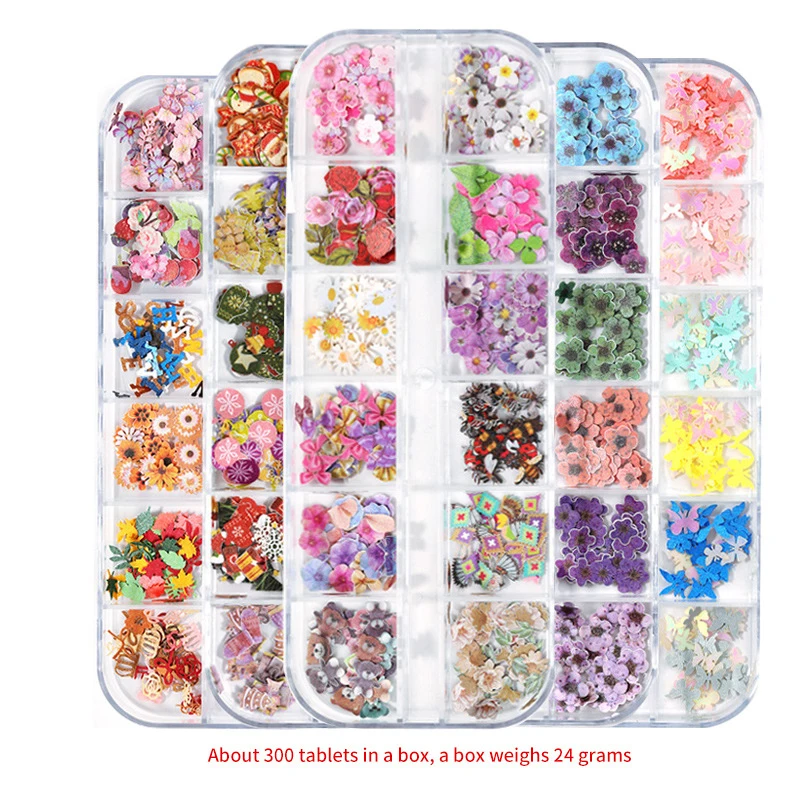 

12 Grid Nail Art Wood Pulp Chips Long Strip Box Set Spring and Summer Butterfly Color Flowers Christmas Wood Pulp Nail Patch