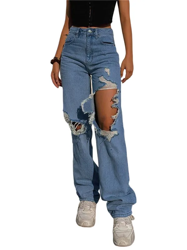 

Fashion High Waist Trousers Women's Loose Destroyed Hole Denim Mopping Pants Vintage Wide Leg Jeans Harajuku Straight Pants