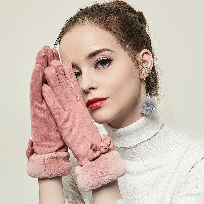 Элегантные женские перчатки с бантами для экрана теплые зимние варежки