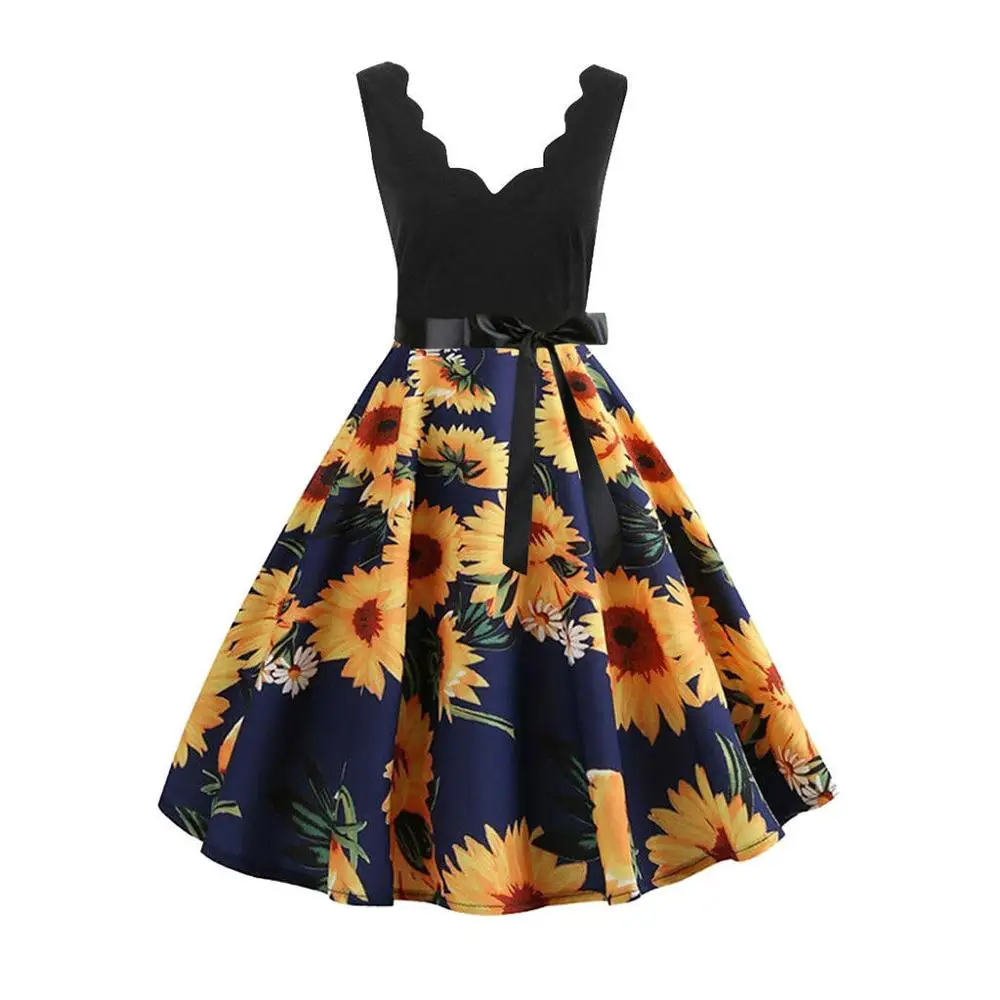 

Women Sleeveless Floral Print Vintage Flare Dress Swing Bandage Party Dresses