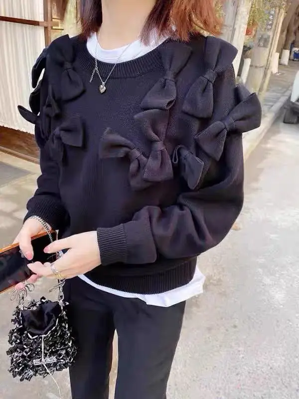 

Fashion Classic Trendy Brand Luxury Design 2021 Autumn Winter New Round Neck Bow Suit Versatile Casual Sweater Women