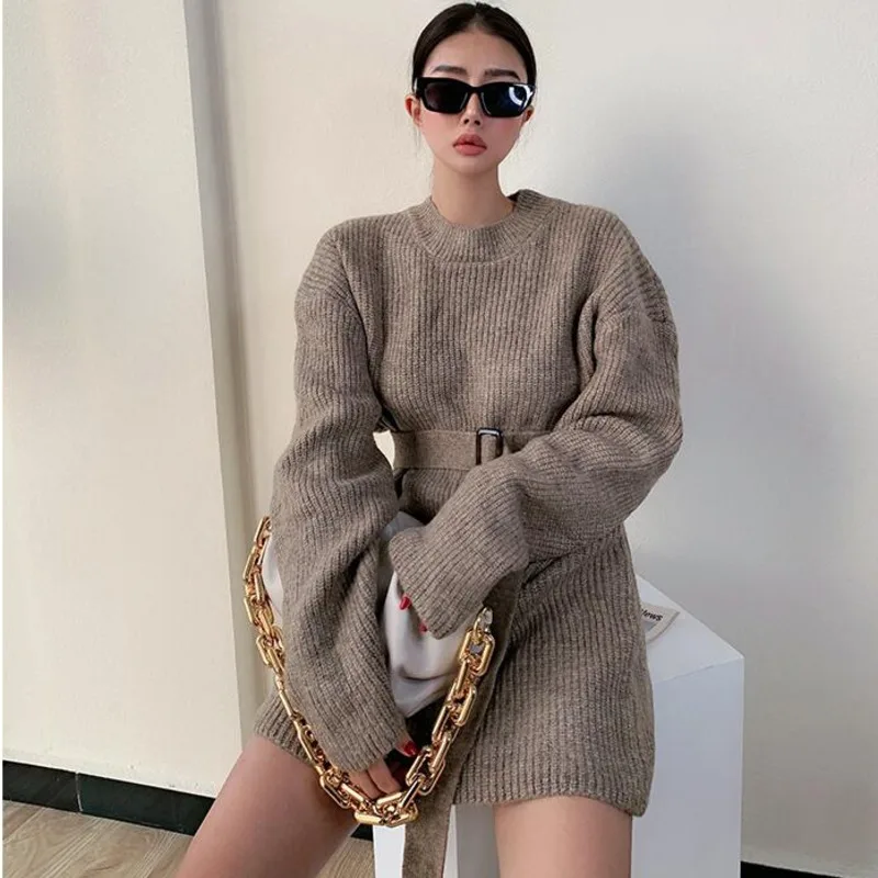 

Женское трикотажное мини-платье, плотное, теплое, с длинным рукавом, с поясом, с высокой талией, элегантное, в Корейском стиле, MWDB, Осень-зима