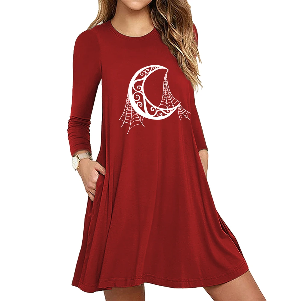 

Moon Print Dress Round Neck Slim Loose Solid Color Simplicity Casual Spring Autumn Elegant Long Sleeve Dresses for Women