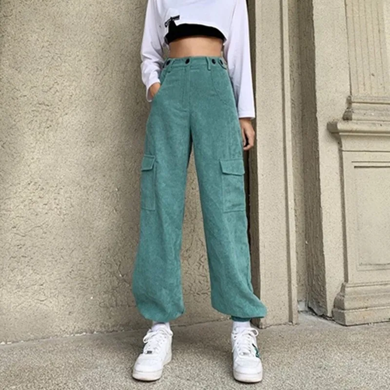 

2021 Casual Autumn Green Corduroy Harem Pants Pocket Vintage High Waist Long Trousers Ladies Fashion Korean Skinny Joggers