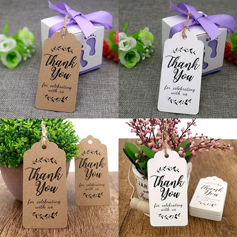 

100pcs Thank You Label Tags Kraft Paper DIY Handmade Crafts Hang Tag with Rope Labels Gift Wrapping Supplies Wedding Favors