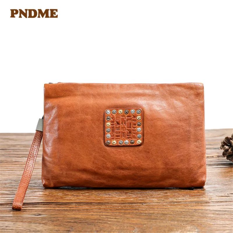 PNDME fashion designer genuine leather ladies clutch bag vintage luxury natural real cowhide women's large-capacity rivet wallet