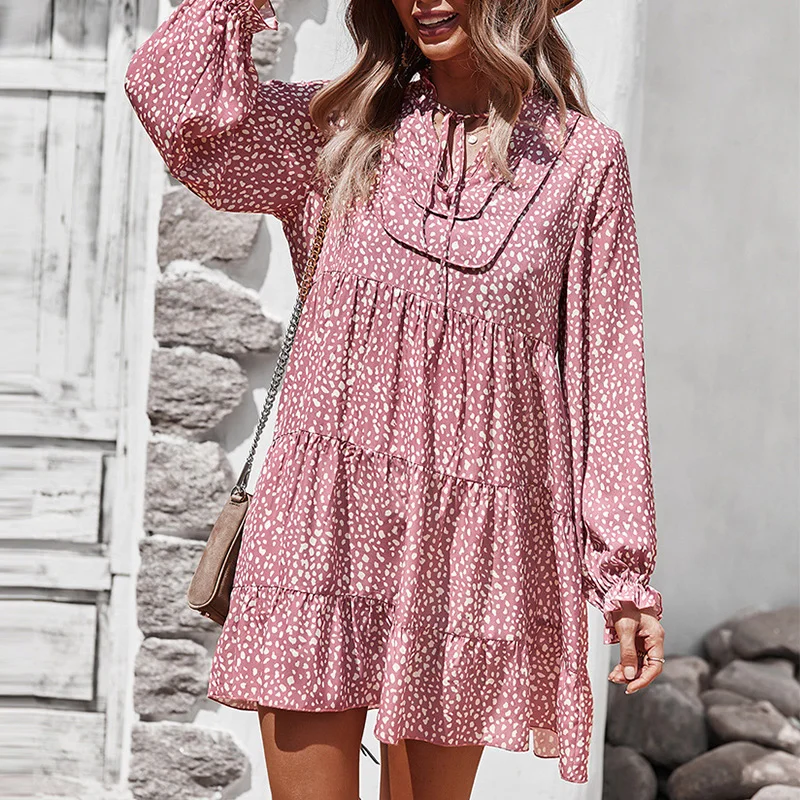 

Spring Petal Long Sleeve Floral Dress Autumn Women Loose Casual A-Line Dress Elegant Lady Polka Dot Print Party Pleated Vestidos