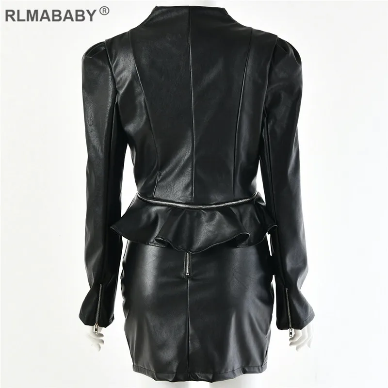 RLMABABY платье из искусственной кожи с рюшами на молнии, Женский комплект 2 шт. платье с v-образным вырезом и длинным рукавом, облегающее платье на молнии, сексуальное платье для ночного клуба
