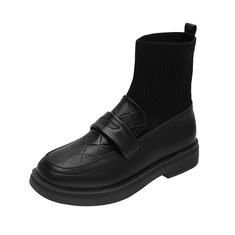 

Autumn Winter Wool Mouth Riding Boots Women's British Style Thin Socks Boots Women All-match Black Motorcycle Short Boots