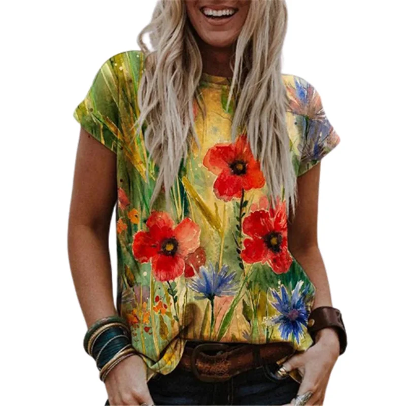 

5XL Large Size Women Floral Print T Shirt Short Sleeve Oversized Ladies Tops Streetwear Casual O-Neck Loose Summer Tee 2021 New