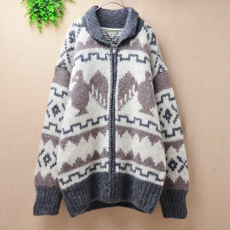 Top quality vintage 100% wool European sweaters turn-down neck cardigans zipper hand knitted crochet floral winter lazy oaf coat