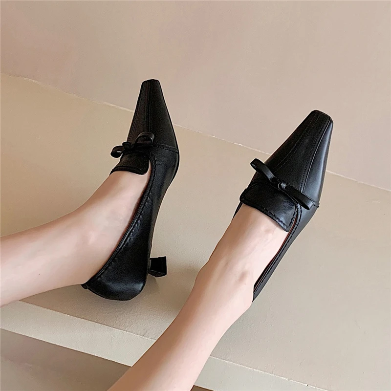 

VERCONAS Casual Working Women Pumps 2021 Spring Genuine Leather Thin Heels Shoes Woman Retro Genuine Leather New Butterfly-Knot