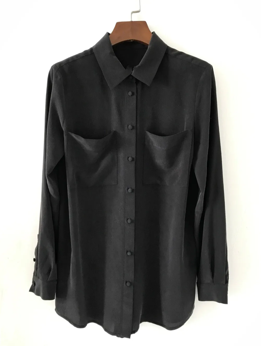 

Women Silk OL Blouse Long Sleeve Turn Down Collar Soft Elegant Lady Office Wear Shirt Top with Double Pockets French Chemise