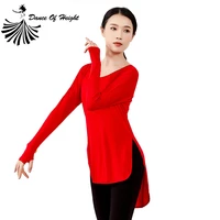 womens loose yoga dress round neck finger sleeve modern dance top blouse split side practice dancewear solid autumn garment