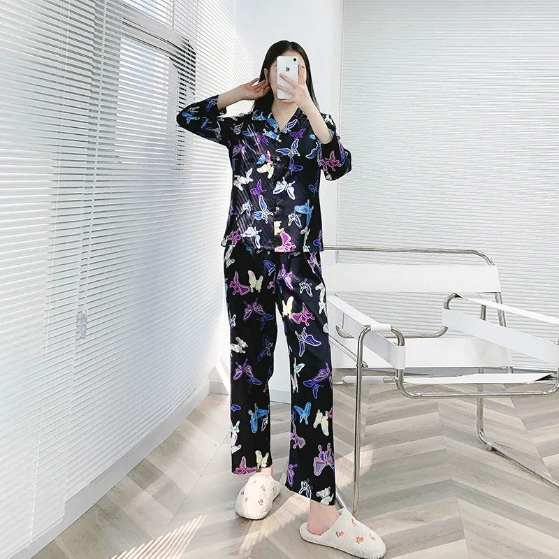 

FZSLCYIYI Color Butterfly Printed Satin Long Sleeve Pants Pajama Set Sleepwear Bride Bridesmaid Wedding Nightwear Homewear