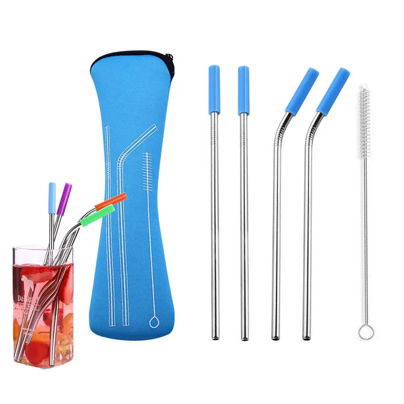 

6Pcs/set Reusable Stainless Steel Straws Straight Bent Drinking Straws with Silicone Tips for Hot Cold Beverage Drink With Brush