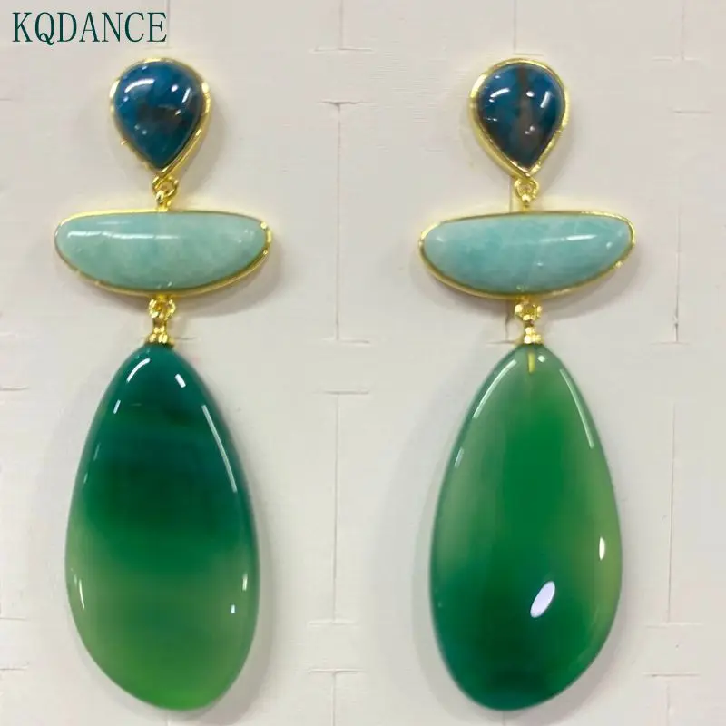 

Moonstone Amazonite apatite Green Agate Natural Stone Long drop earrings Sterling Silver 925 Ear Needle for Women Wholesale
