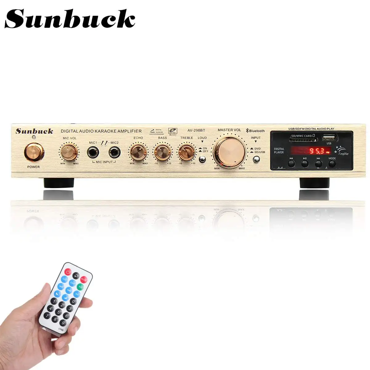 Sunbuck-amplificador de Áudio Amplificador com Controle Suporte para sd fm com 5 Canais Bluetooth Remoto Mmc Usb Display Lcd 2200w 220v