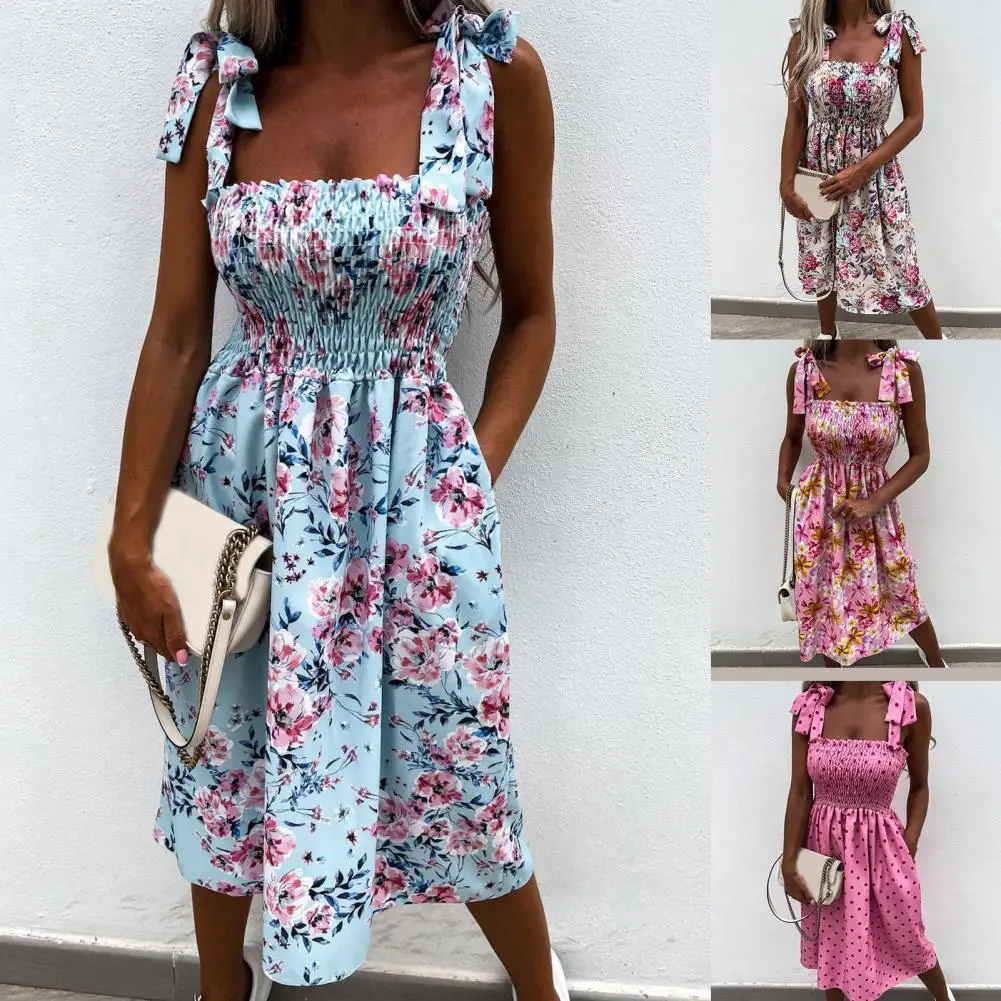 

Летнее платье на бретелях-спагетти, модное пикантное удобное платье из полиэстера с цветочным принтом для отдыха