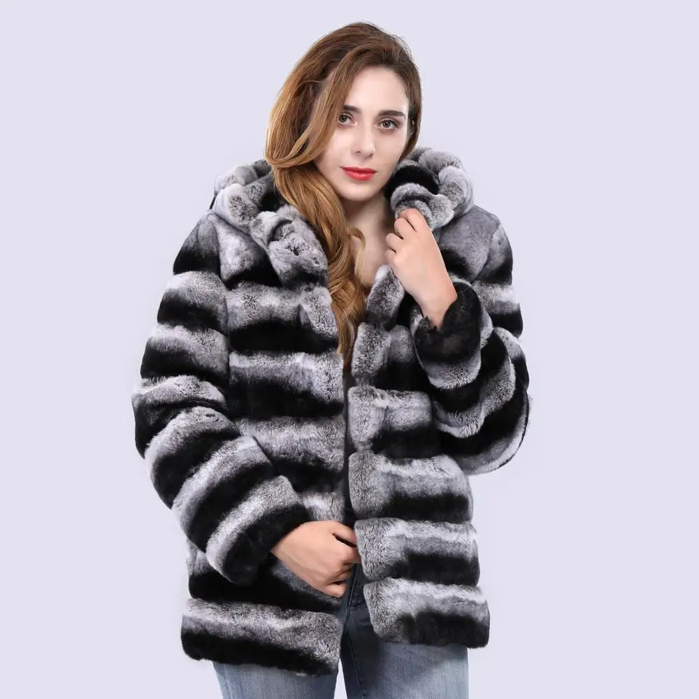 Женская Шуба из натурального меха кролика рекс с капюшоном Зимняя Толстая теплая