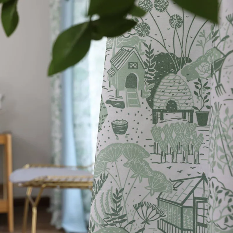 

British Country Green Village Imitation Cotton Thick Pattern Print Semi-Shading Northern Europe Curtains for Living Room Bedroom