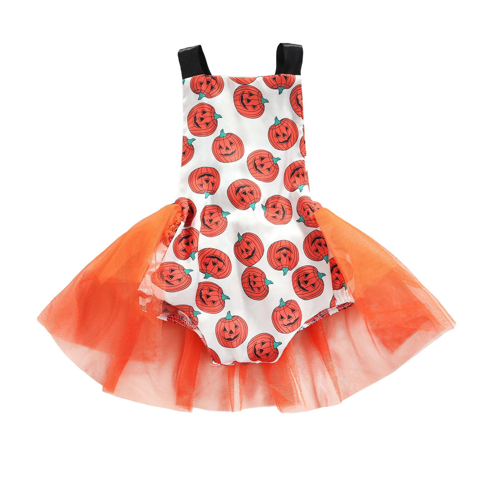 

Halloween Breathable Baby Girls Romper, Toddlers Sweet Style Pumpkin Printing Sleeveless Mesh Skirt Splicing Suspender Jumpsuit