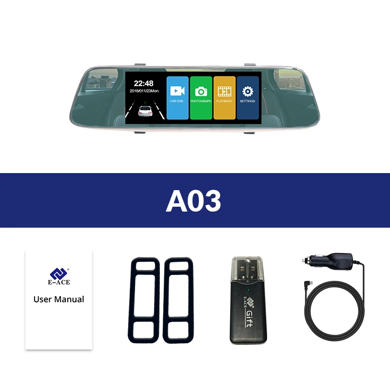 Автомобильный видеорегистратор E-ACE A03, 7 дюймов, сенсорное зеркало заднего вида, камера с двумя объективами и камерой заднего вида, видеорегистратор, регистратор, HD 1080 P, видеорегистратор