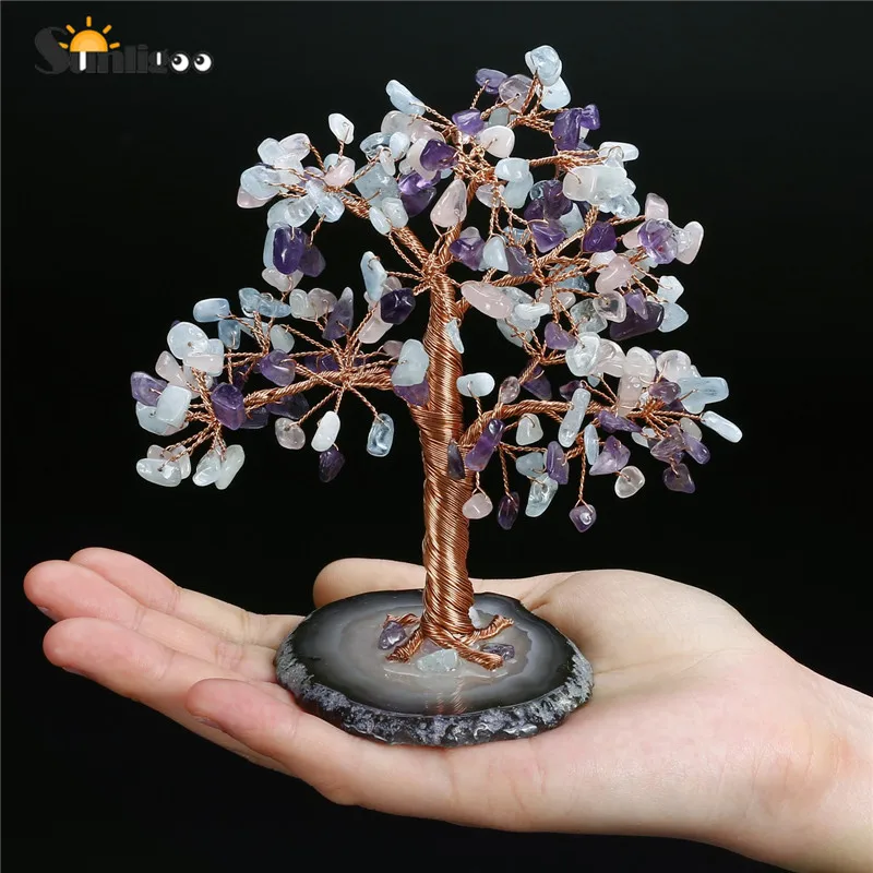 1x Mixed Stone 3 Sunligoo 1x сушильный камень денежное дерево фэн-шуй украшения кристалл драгоценный камень Дерево жизни фигурки и Агат ломтик домашний декор подставка - Цвет: 1x Mixed Stone 3