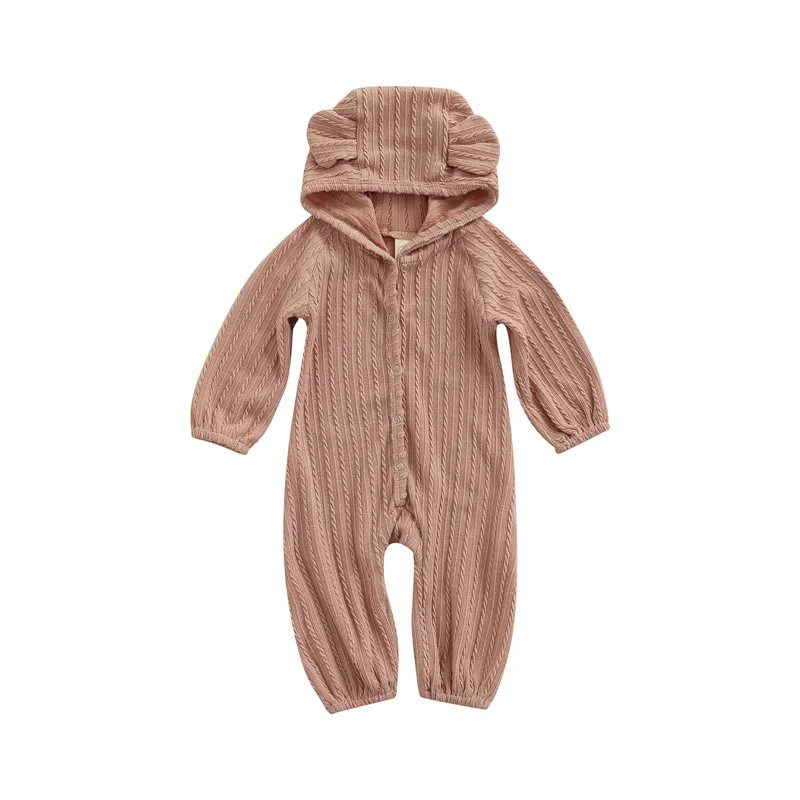 

Повседневный трикотажный комбинезон для новорожденных детей 0-18 дюймов, милый осенний однотонный комбинезон с капюшоном и длинным рукавом ...