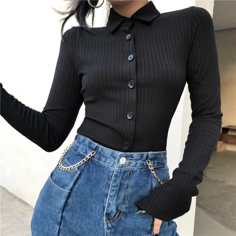 

DSMTRC Spring Casual Ribbed Button Up Long Sleeve T shirts For Woman Basic Knit Tee Shirt Ladies Turn Down Collar High-street