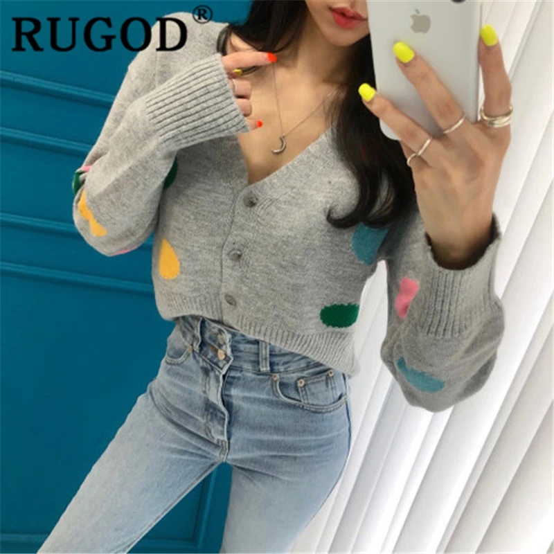 RUGOD 2019 New autumn arrival special sweater cardigans women v neck dot high waist elastic slim knit coat fashion femme korean |