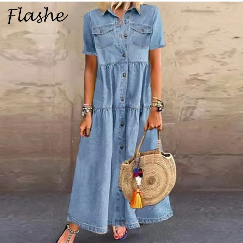 

Женское повседневное длинное платье, летнее платье макси с отложным воротником, карманами на пуговицах и коротким рукавом, женское праздничное платье 2021