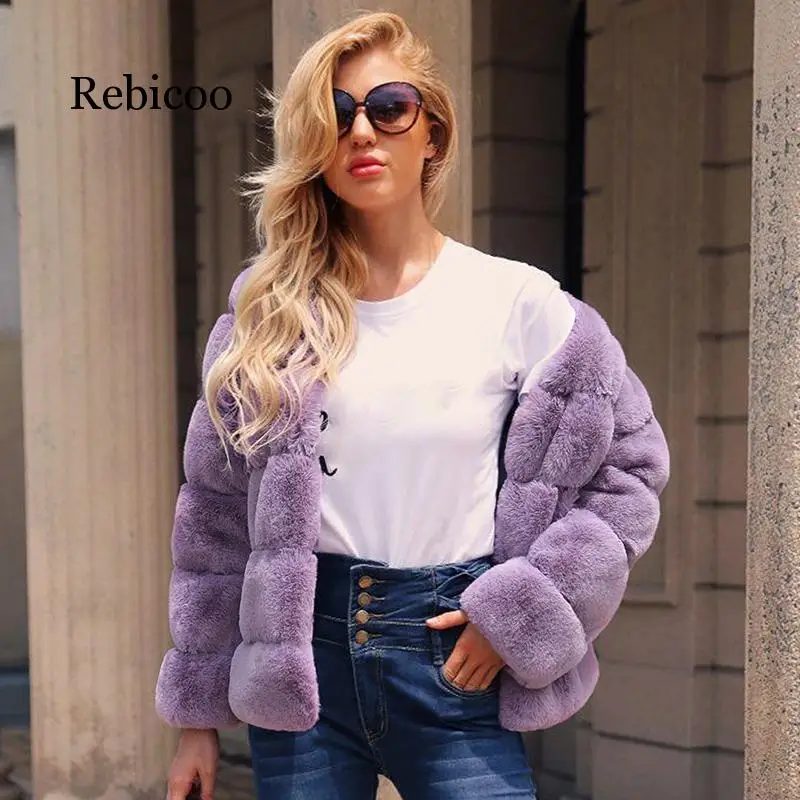 

Woman Plush Coat High Quality Patchwork Elegant O-Neck Thick Warm Winter Outerwear Jacket Plus Size 3XL Faux Fur Coats