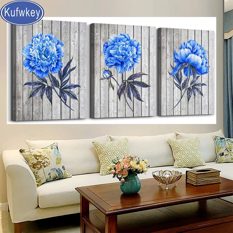 

Триптих, алмазная живопись, голубые пионы 3 шт./компл., мозаика, алмазная полноразмерная/круглая 5d алмазная вышивка, цветок, домашний декор