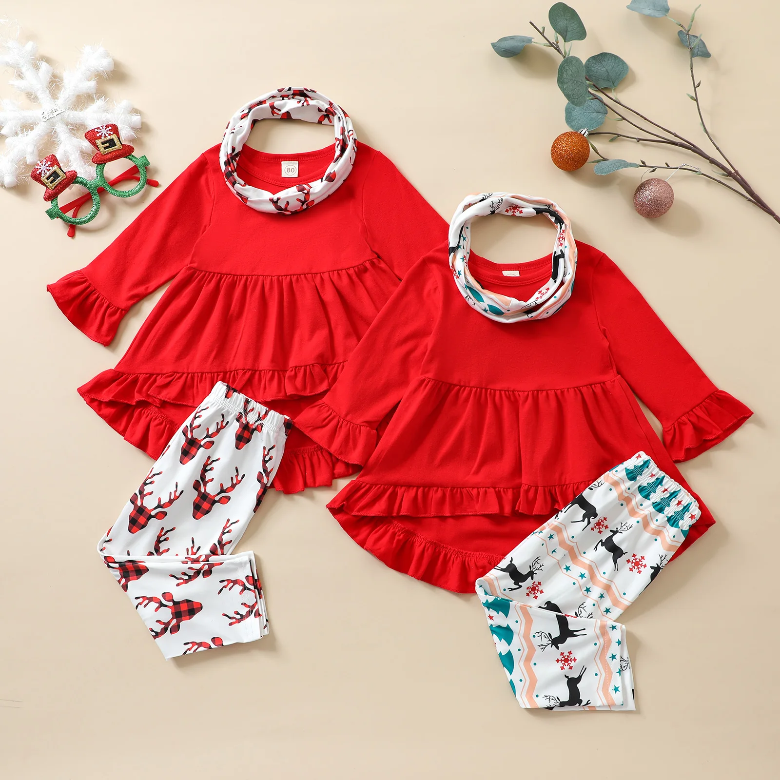 

Emmababy Christmas 3 Pcs Girls Outfits Asymmetric Solid Color Long Sleeve Round Neck Ruffle Pullover + Printed Pants Neckerchief